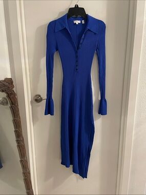 A.L.C. XS Blue Lance Ribbed Polo Collar Henley Neck Asymmetrical hem Dress
